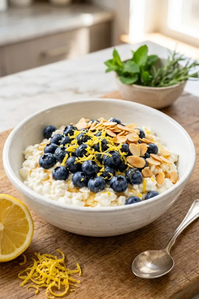 blueberry-lemon-muffin-bowl-healthy-cottage-cheese-breakfast-ideas