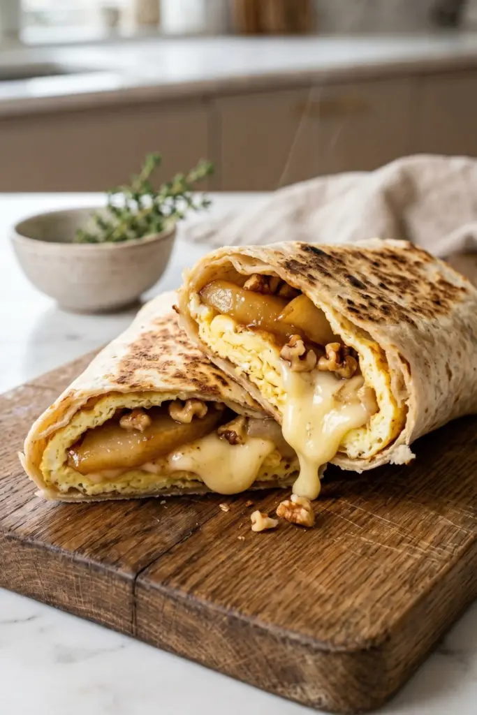 brie-caramelized-pear-egg-white-wrap-walnuts-luxury-breakfast-wraps