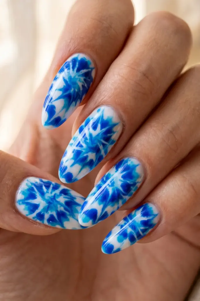 bright-blue-tie-dye-blue-abstract-summer-nail-design-ideas