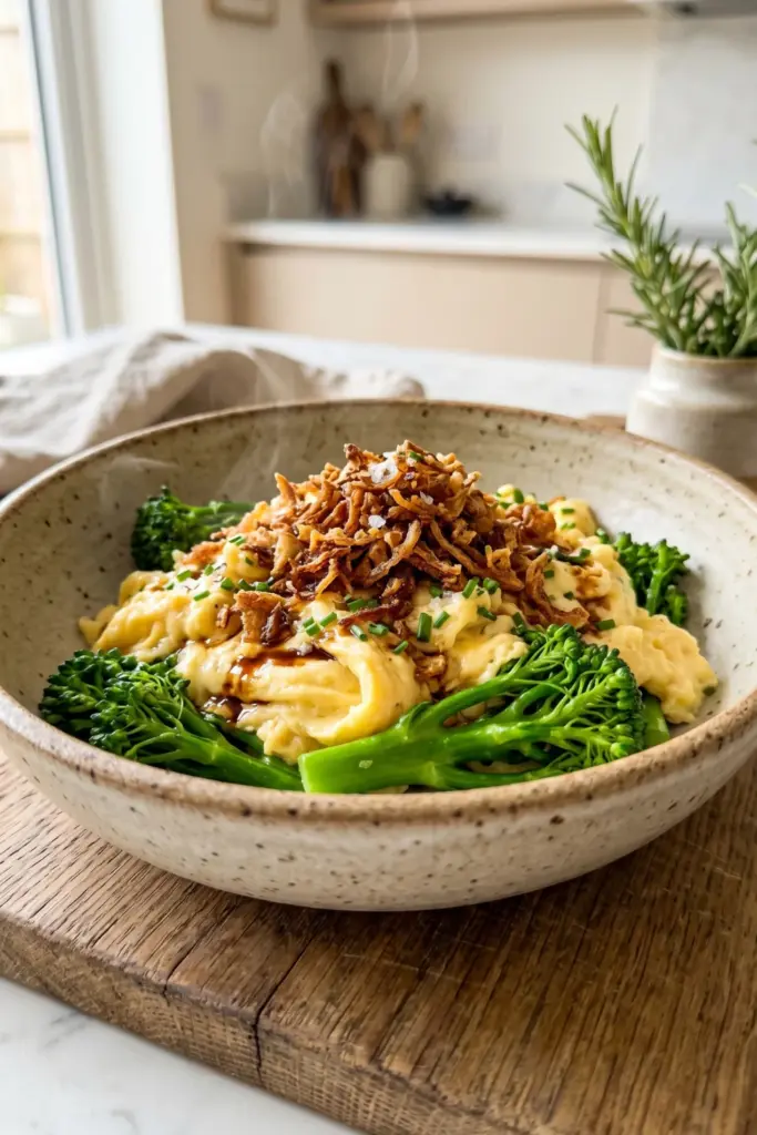 broccolini-crispy-shallot-gold-luxury-scrambled-veggie-breakfast-idea