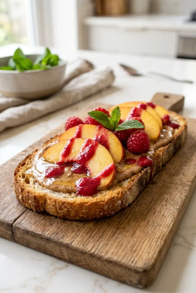 cardamom-peach-melba-almond-butter-toast-luxury