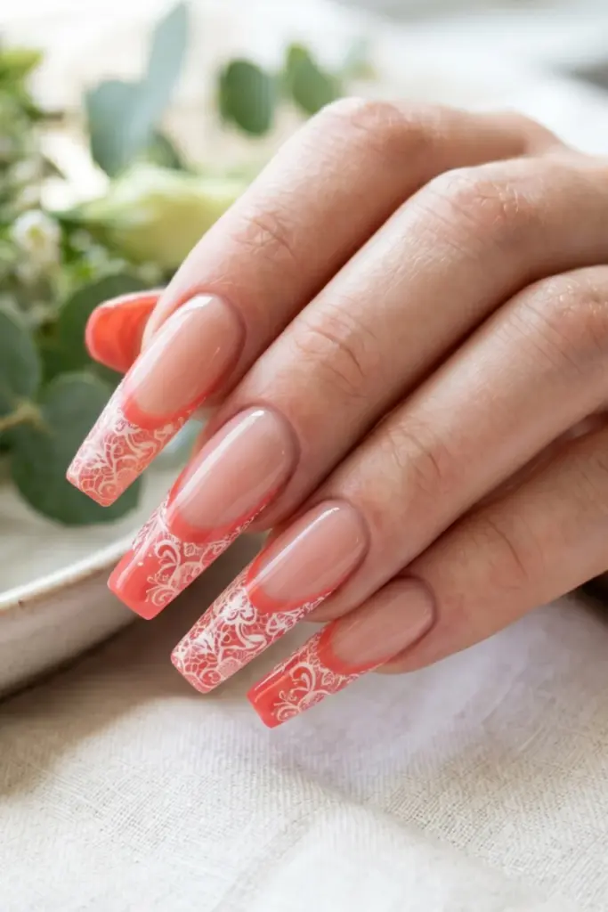 carnation-coral-floral-lace-stunning-floral-french-tip-press-on-summer-nails-designs-ideas