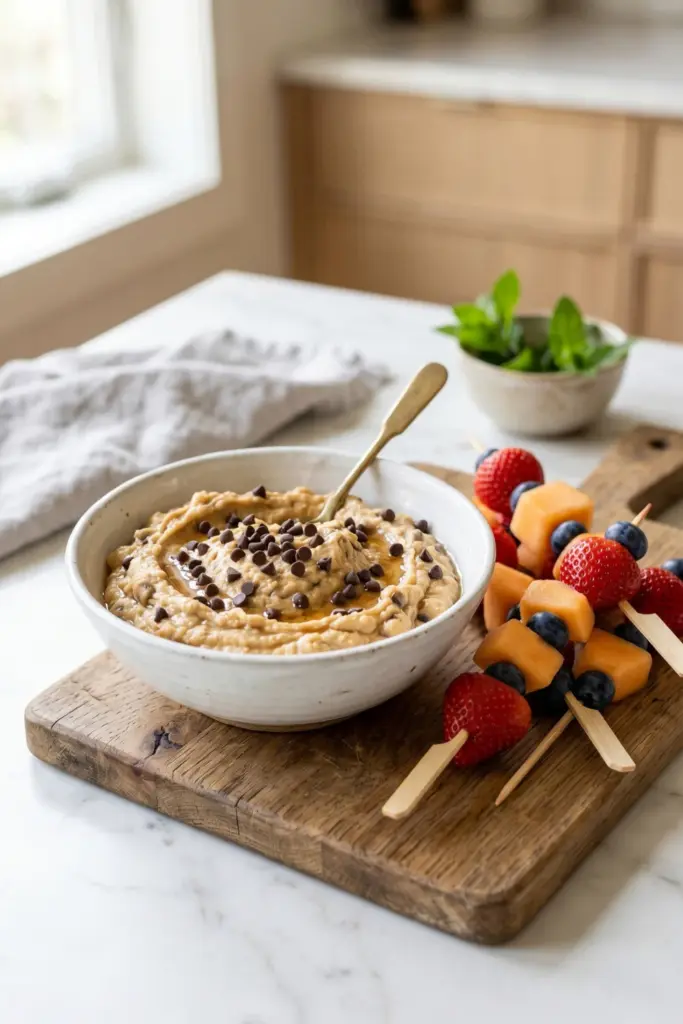 cookie-dough-hummus-with-fruit-skewers-healthy-easy-tiktok-summer-dessert