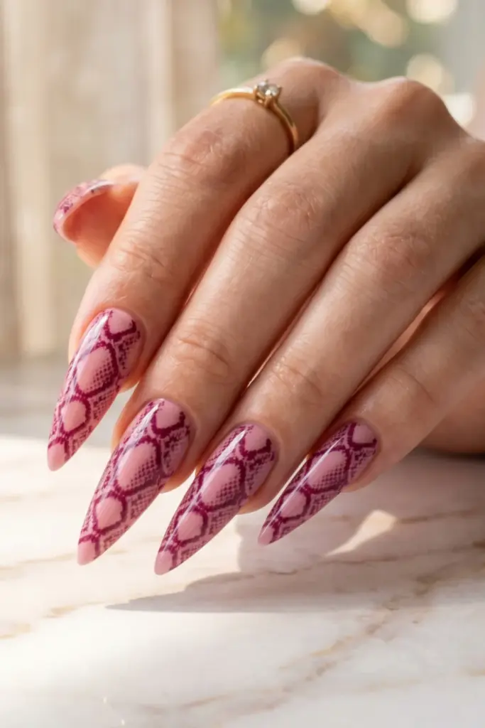 pink-snake-print-stiletto-girly-summer-nail-designs-ideas