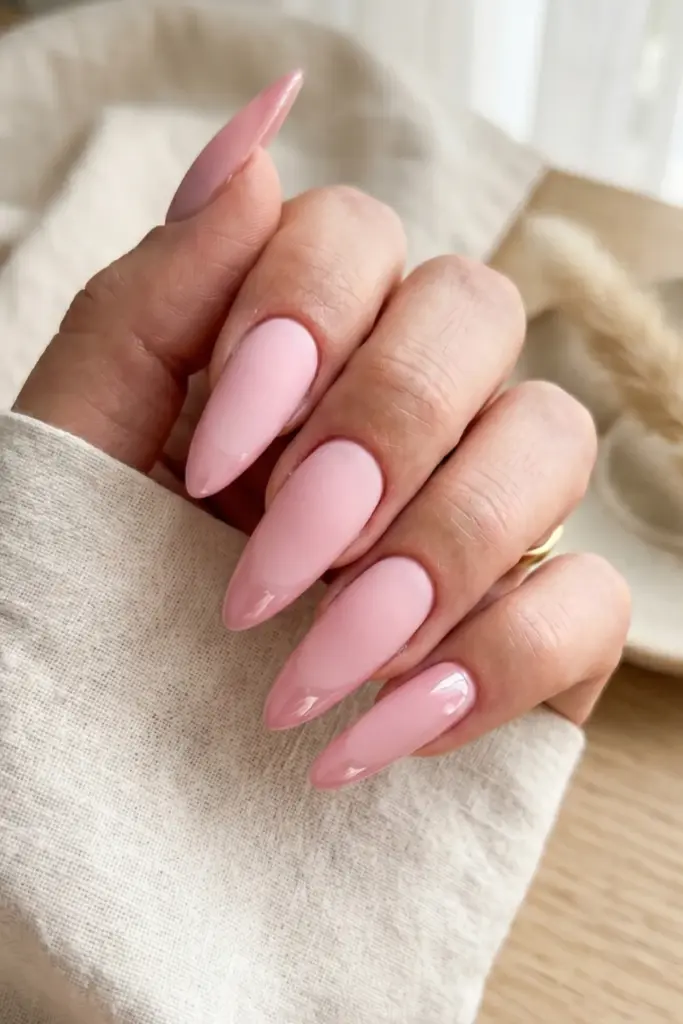 matte-baby-pink-glossy-tips-girly-stiletto-summer-nail-designs-ideas