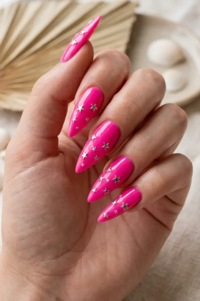 barbie-pink-star-gems-girly-stiletto-summer-nail-designs-ideas