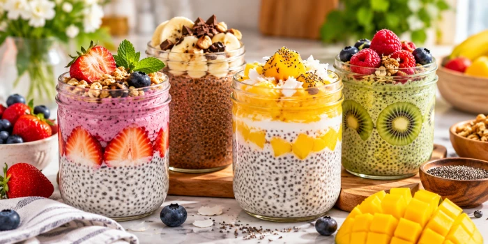 Cozy chia pudding breakfast jars layered with strawberries, blueberries, mango, kiwi, banana, coconut, granola, and chia seeds on a bright kitchen counter.