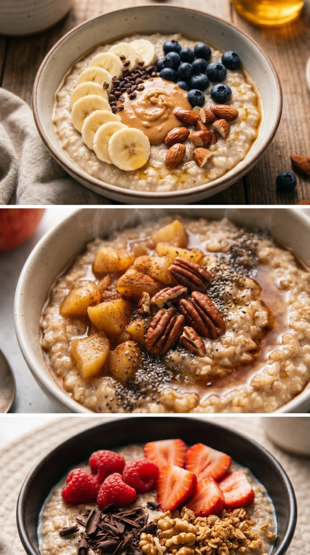 Cozy healthy breakfast oatmeal bowl topped with fresh fruit, nuts, and seeds
