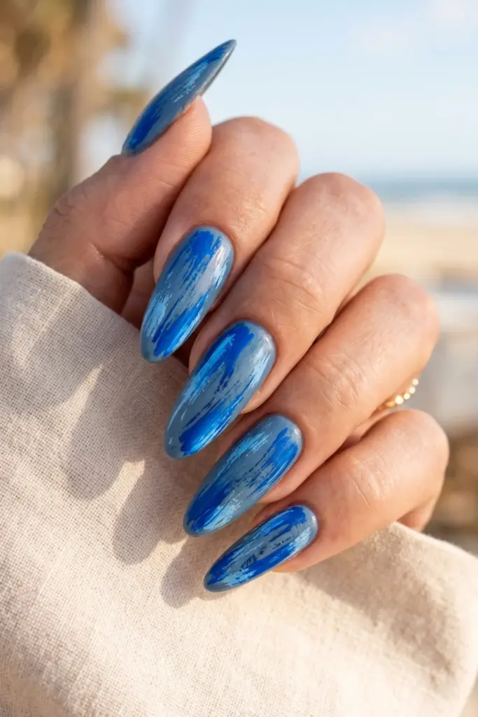 denim-electric-blue-brushstroke-blue-abstract-summer-nail-design-ideas