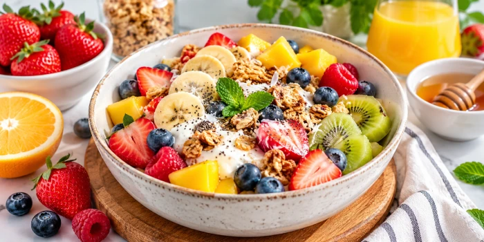 Easy fruit salad breakfast bowl recipe with fresh strawberries, blueberries, raspberries, mango, kiwi, banana, creamy yogurt, crunchy granola, chia seeds, coconut, and mint served in a rustic ceramic bowl.