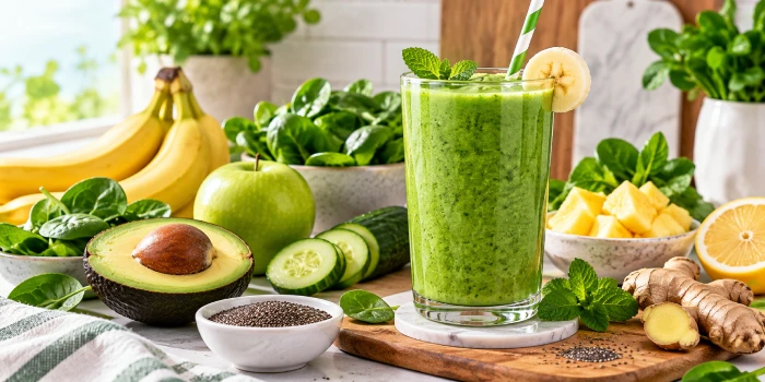 Easy healthy green detox breakfast smoothie in a clear glass with spinach, banana, avocado, cucumber, pineapple, lemon, ginger, mint, and chia seeds on a bright modern kitchen counter.