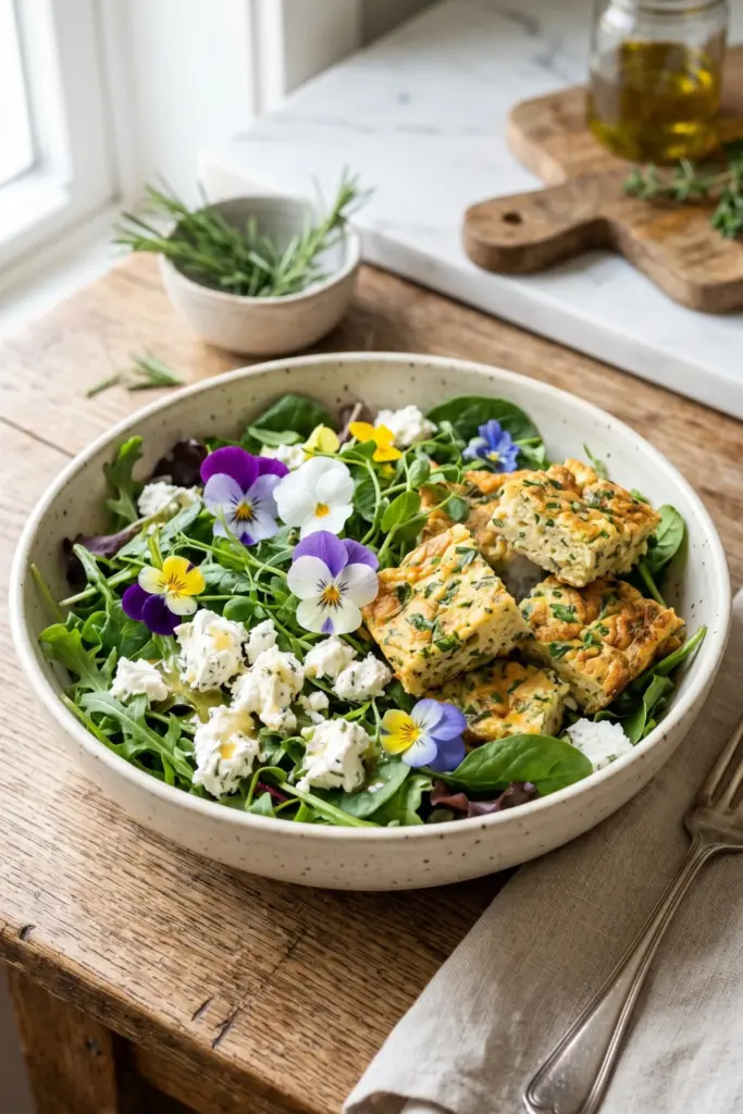 edible-flower-herbed-goat-cheese-frittata-bowl-luxury-breakfast-burrito
