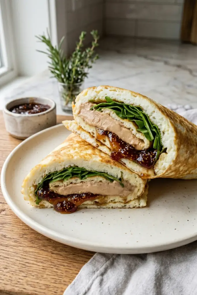 foie-gras-mousse-fig-jam-egg-white-wrap-arugula-luxury-breakfast-wraps