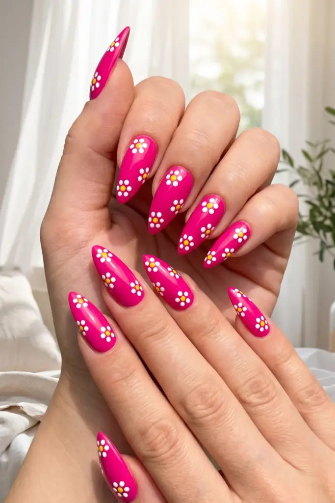 fuchsia-daisy-flowers-girly-stiletto-summer-nail-designs-ideas