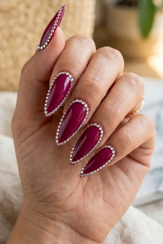 glossy-fuchsia-rhinestone-border-pink-girly-stiletto-summer-nail-designs-ideas