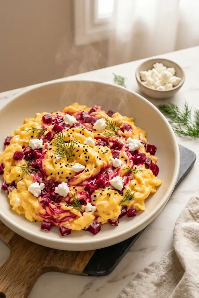 goat-cheese-beetroot-velvet-scramble-luxury-scrambled-veggie-breakfast-ideas