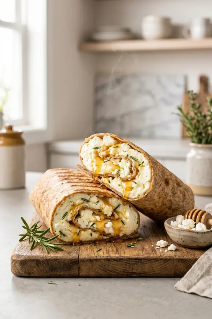 goat-cheese-honey-rosemary-egg-white-wrap-wood-table-luxury-breakfast-wraps