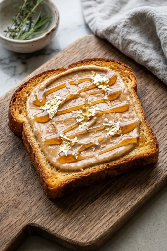 gold-leaf-honey-drizzle-almond-butter-toast-luxury