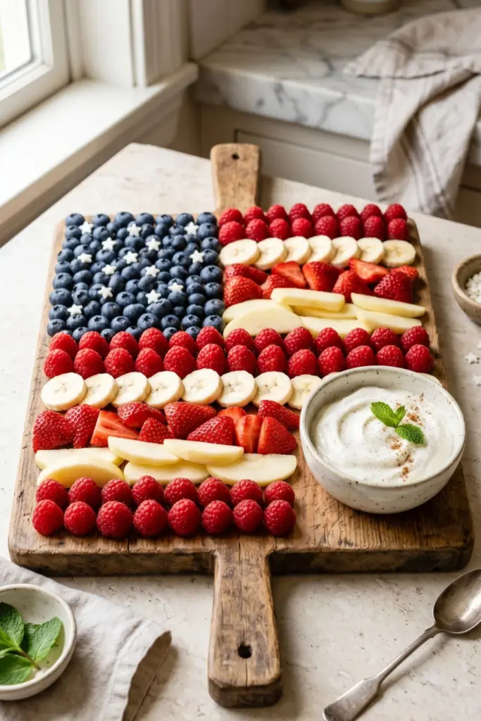 healthy-easy-summer-fourth-july-dessert-recipe-flag-fruit-platter-creamy-vanilla-dip