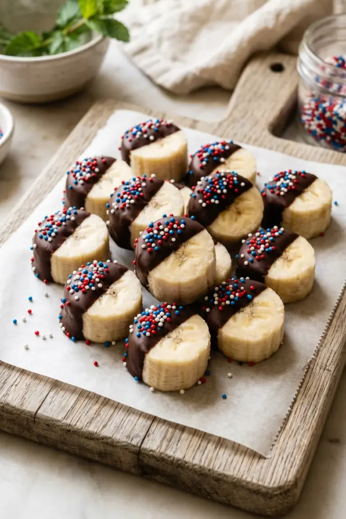 healthy-easy-summer-fourth-july-dessert-recipe-frozen-banana-bites-dark-chocolate-sprinkles