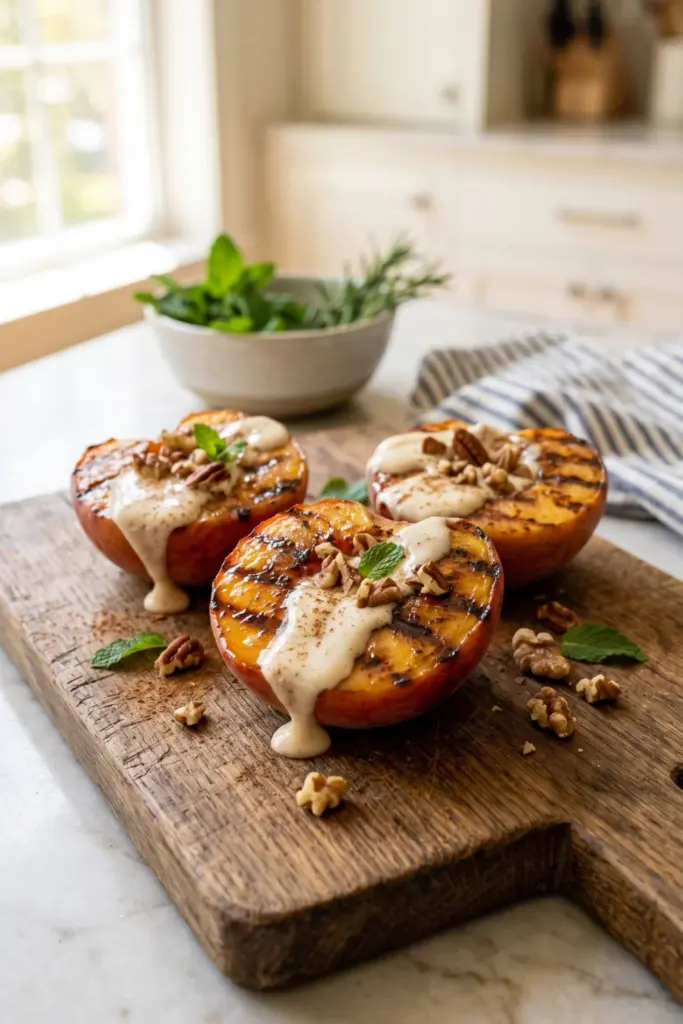 healthy-easy-summer-fourth-july-dessert-recipe-grilled-peaches-honey-yogurt-drizzle