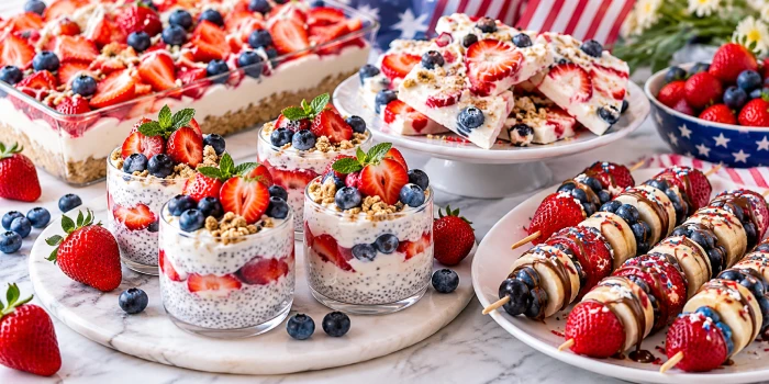Healthy Fourth of July dessert recipe ideas featuring festive red, white, and blue berry parfaits, frozen yogurt bark, fruit skewers, and lighter summer treats.