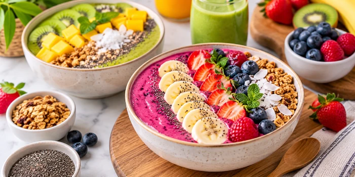 Colorful inviting smoothie bowls topped with fresh strawberries, blueberries, banana, kiwi, mango, granola, chia seeds, coconut flakes, and mint for an energizing breakfast.