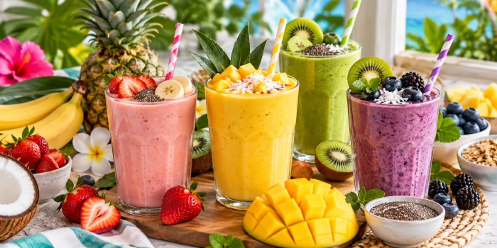Inviting tropical smoothie breakfast recipe ideas featuring vibrant mango, pineapple, strawberry, banana, kiwi, and berry smoothies topped with fresh fruit, coconut, chia seeds, and granola on a bright tropical breakfast table.