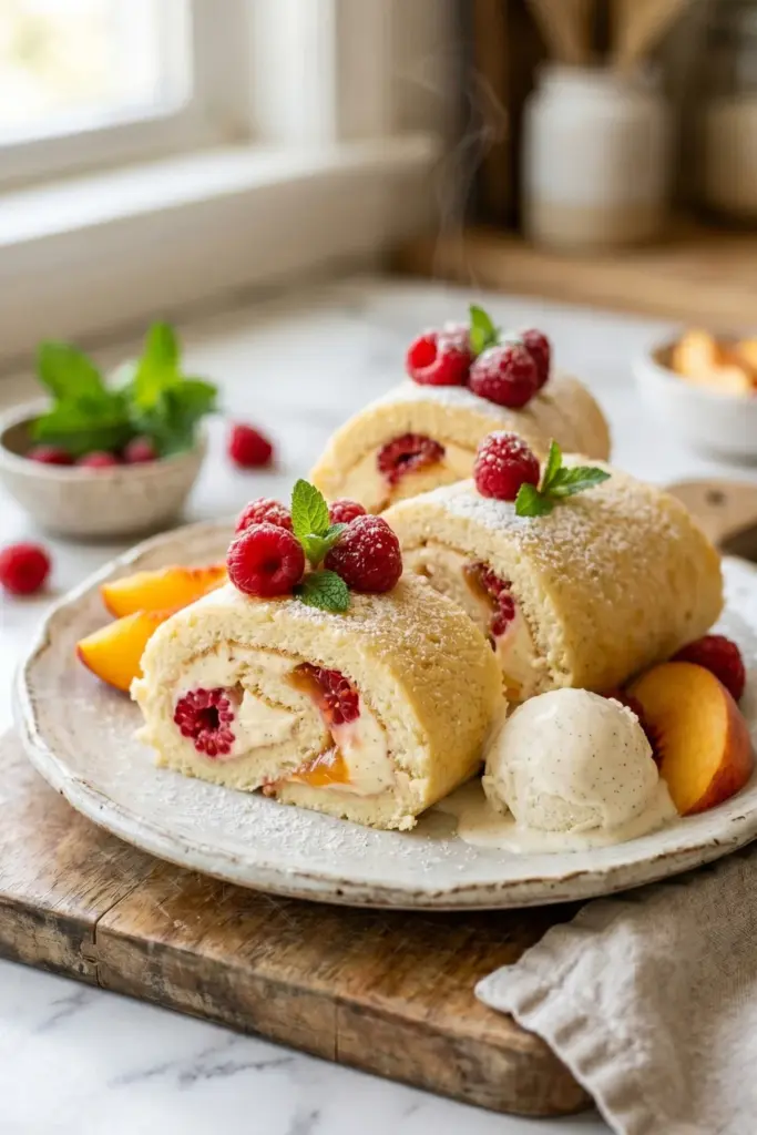 juicy-peach-melba-shortcake-rolls-summer-cheesecake