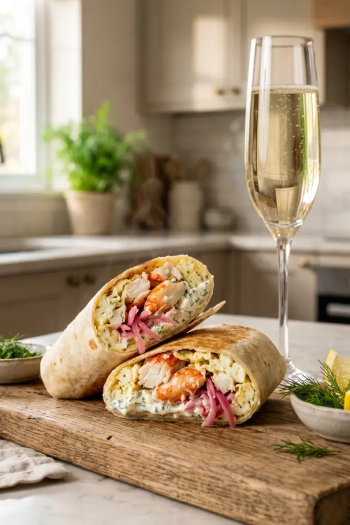 king-crab-dill-creme-egg-white-wrap-champagne-glass-luxury-breakfast-wraps