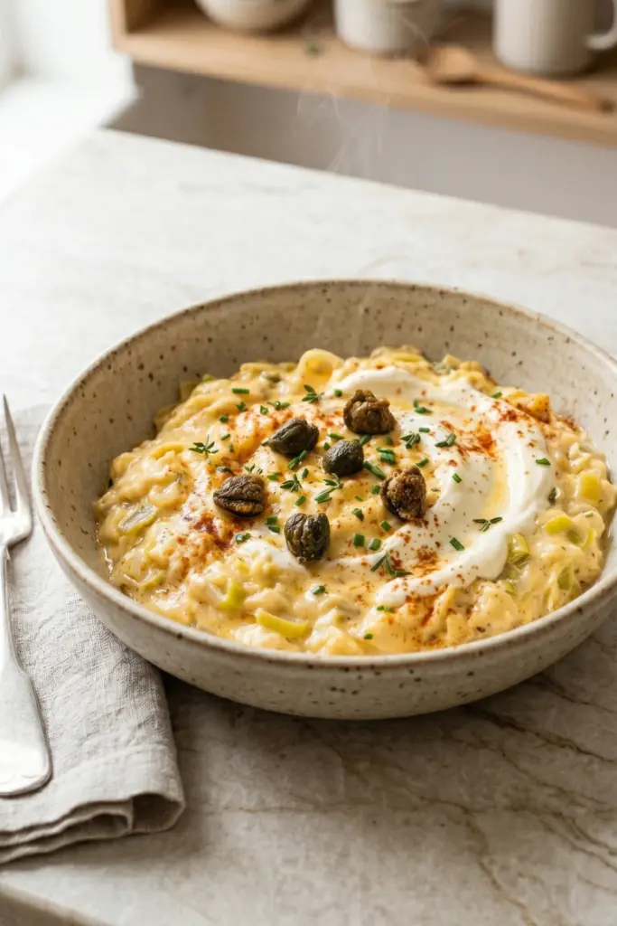 leek-smoked-paprika-creme-fraiche-luxury-scrambled-veggie-breakfast-ideas