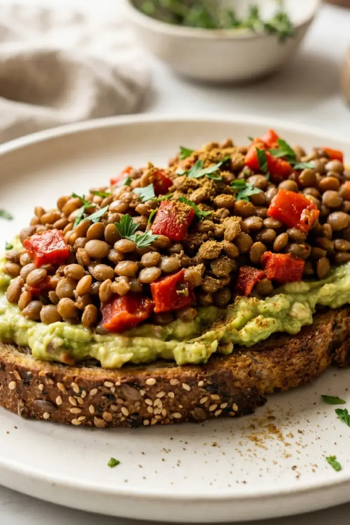 lentil-roasted-red-pepper-avocado-toast-high-protein
