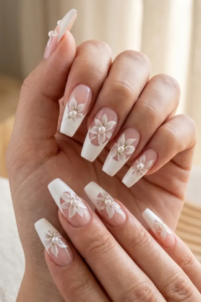 lily-white-pearl-embellished-stunning-floral-french-tip-press-on-summer-nails-designs-ideas