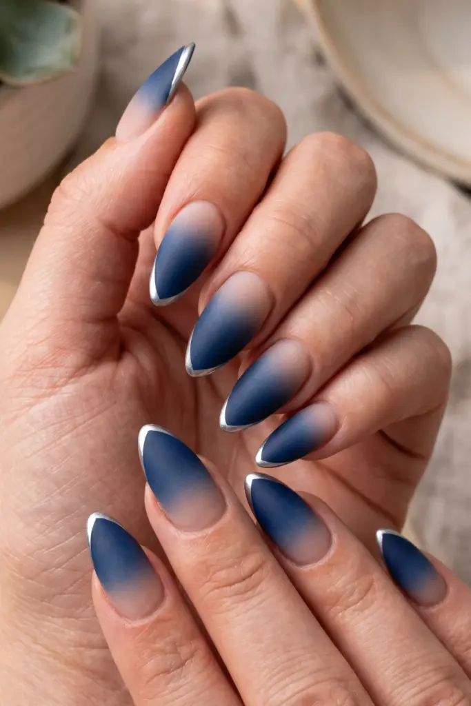 matte-navy-blue-ombre-silver-tip-almond-summer-nails