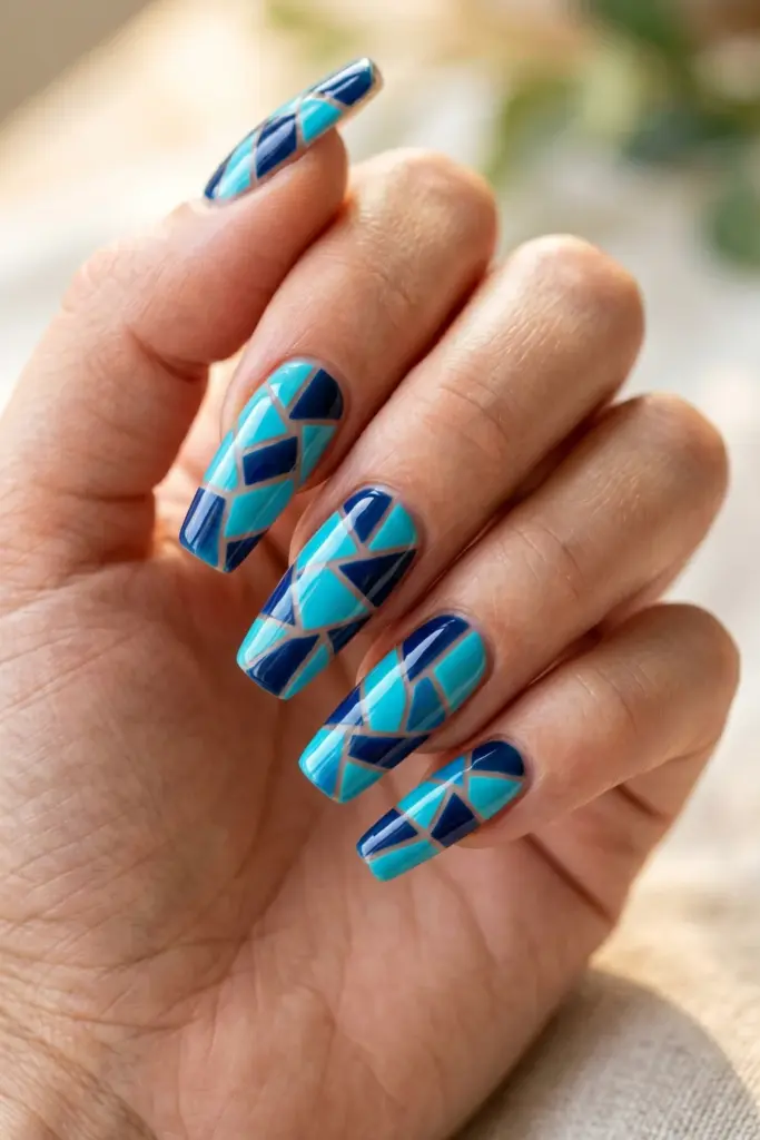 navy-turquoise-mosaic-blue-abstract-summer-nail-design-ideas