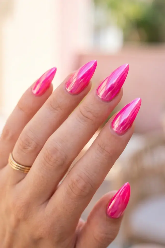 neon-pink-chrome-stiletto-girly-summer-nail-designs-ideas