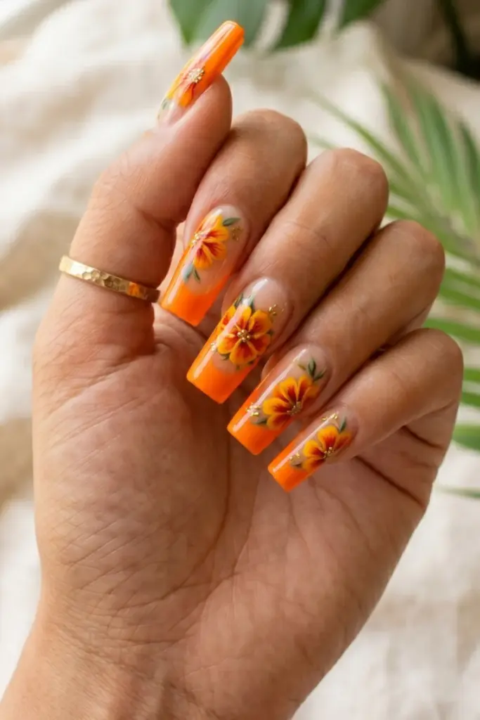 orange-marigold-tropical-stunning-floral-french-tip-press-on-summer-nails-designs-ideas