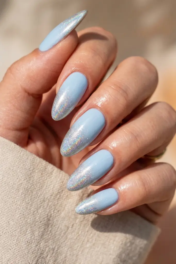 pale-blue-holographic-silver-fade-almond-ombre-summer-nails
