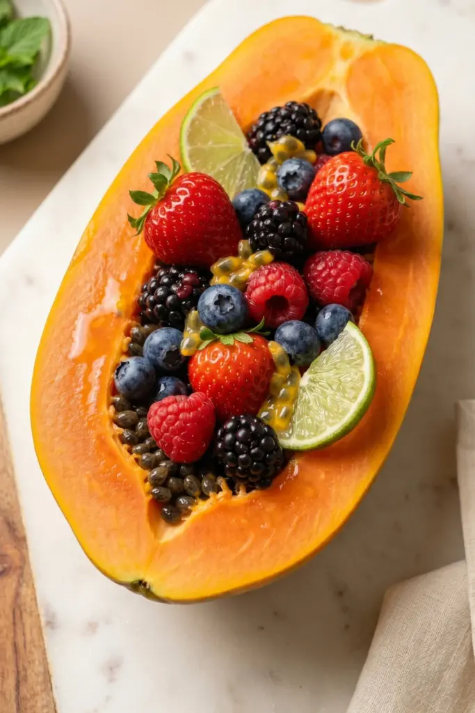 papaya-boats-mixed-berries-lime-summer-fruit-desserts