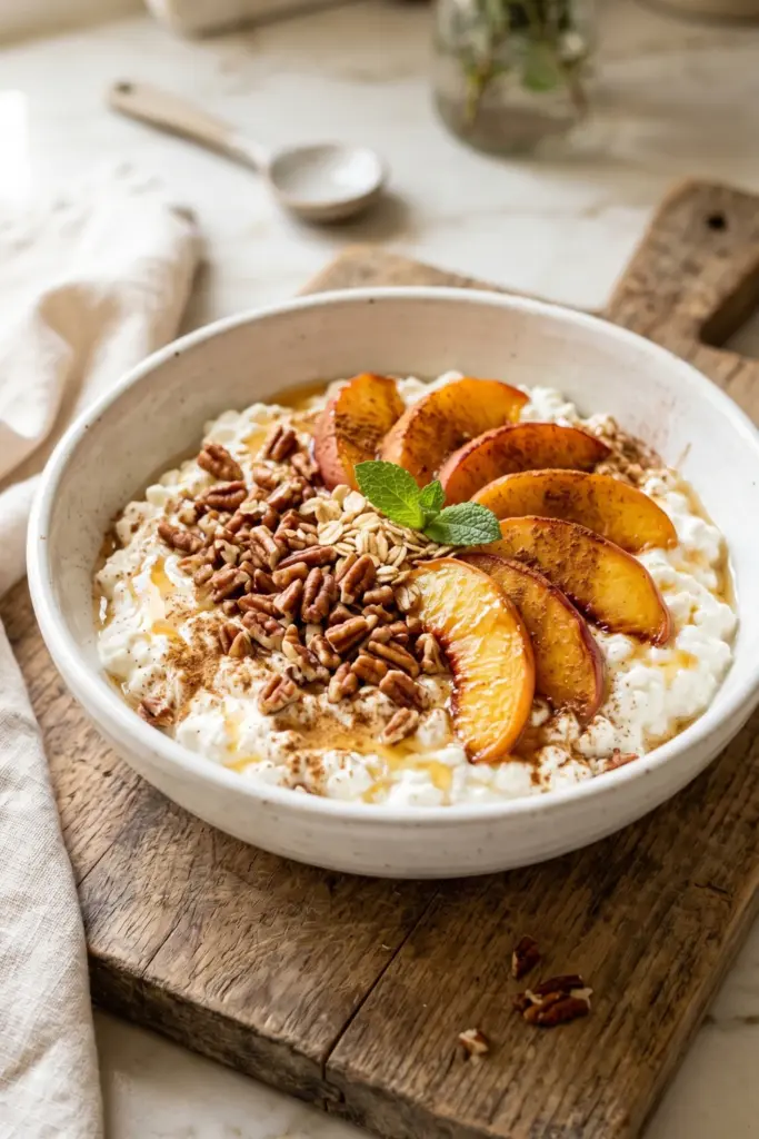 peach-cobbler-bowl-healthy-cottage-cheese-breakfast-ideas