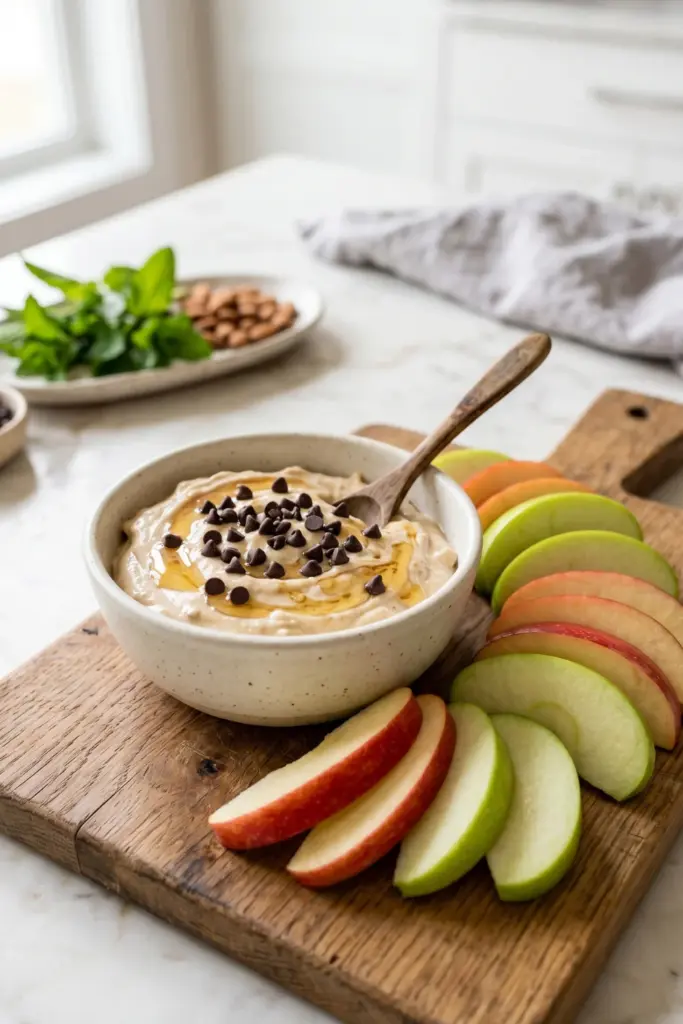 peanut-butter-greek-yogurt-dip-with-apple-slices-healthy-easy-summer-high-protein-dessert-recipe-ideas
