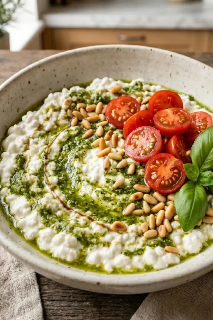 pesto-cherry-tomato-bowl-healthy-cottage-cheese-breakfast-ideas