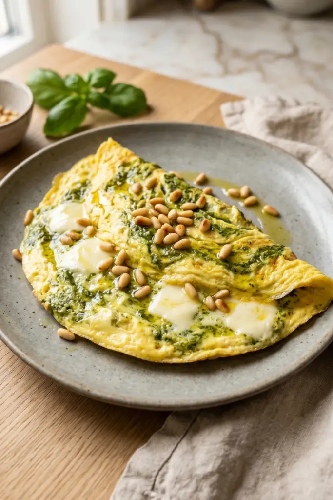 pesto-mozzarella-omelet-pine-nuts-luxury-keto-breakfast