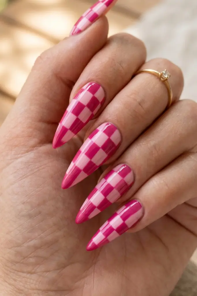 pink-checkerboard-pattern-girly-stiletto-summer-nail-designs-ideas