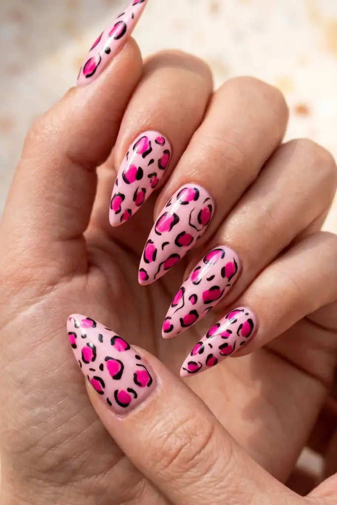 pink-leopard-print-stiletto-girly-summer-nail-designs-ideas
