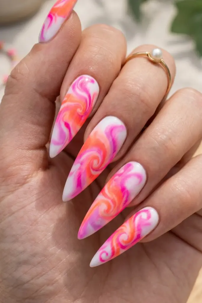 pink-tie-dye-summer-vibes-girly-stiletto-nail-designs-ideas