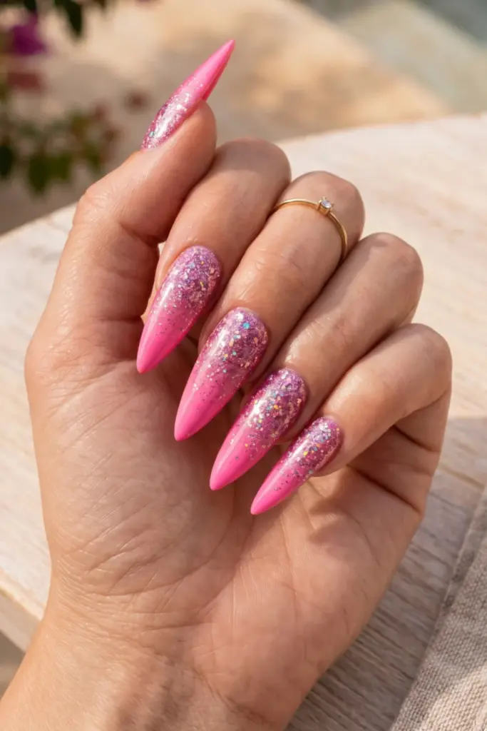 glitter-fade-pink-stiletto-girly-summer-nail-designs-ideas