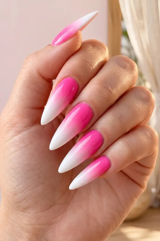 hot-pink-ombre-white-girly-stiletto-summer-nail-designs-ideas