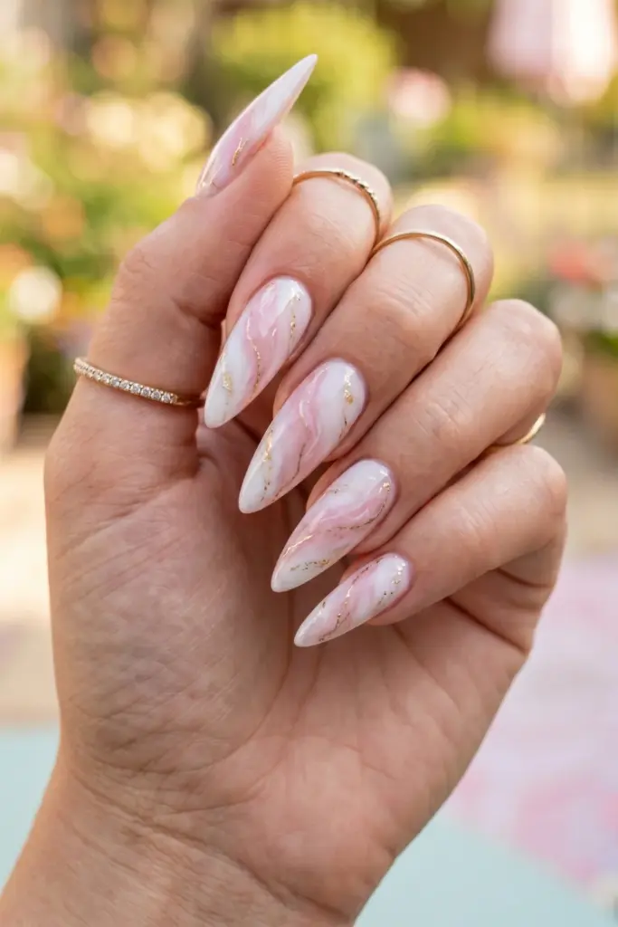 pink-white-marble-swirls-girly-stiletto-summer-nail-designs-ideas