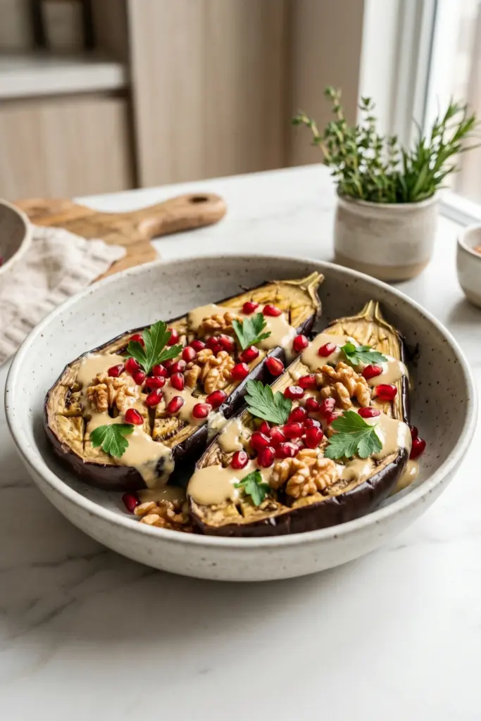 pomegranate-walnut-roasted-eggplant-bowl-luxury-breakfast-burrito